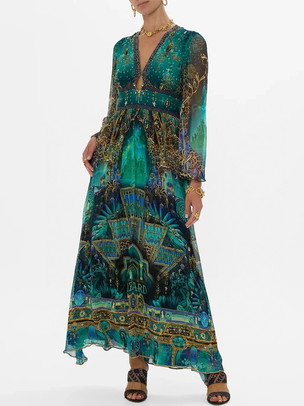 100% 실크 시크 에메랄드 그린 프린트 맥시 드레스 여성용 V넥 긴팔 보헤미안 시폰 가운