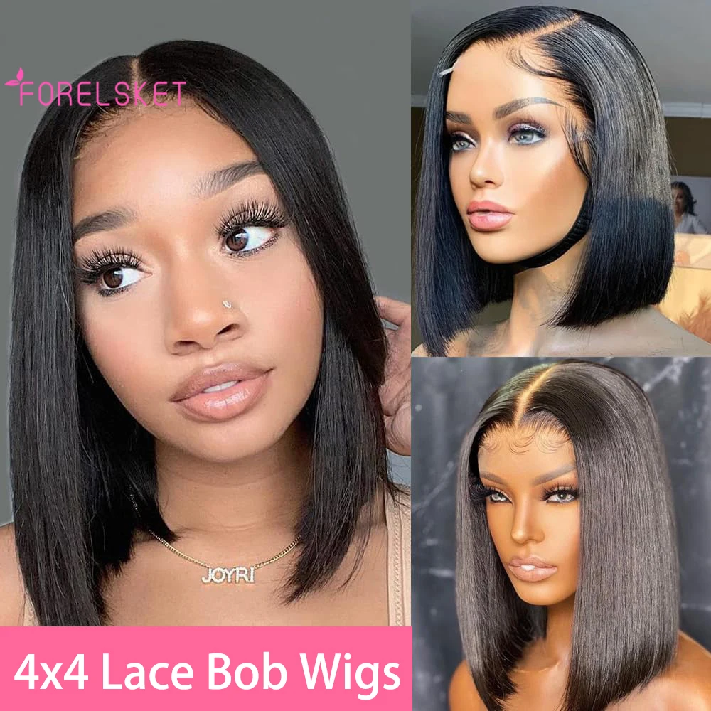 Perruque Bob Lace Front Wig sans colle naturelle lisse, cheveux courts, 4x4, pre-plucked, pour femmes