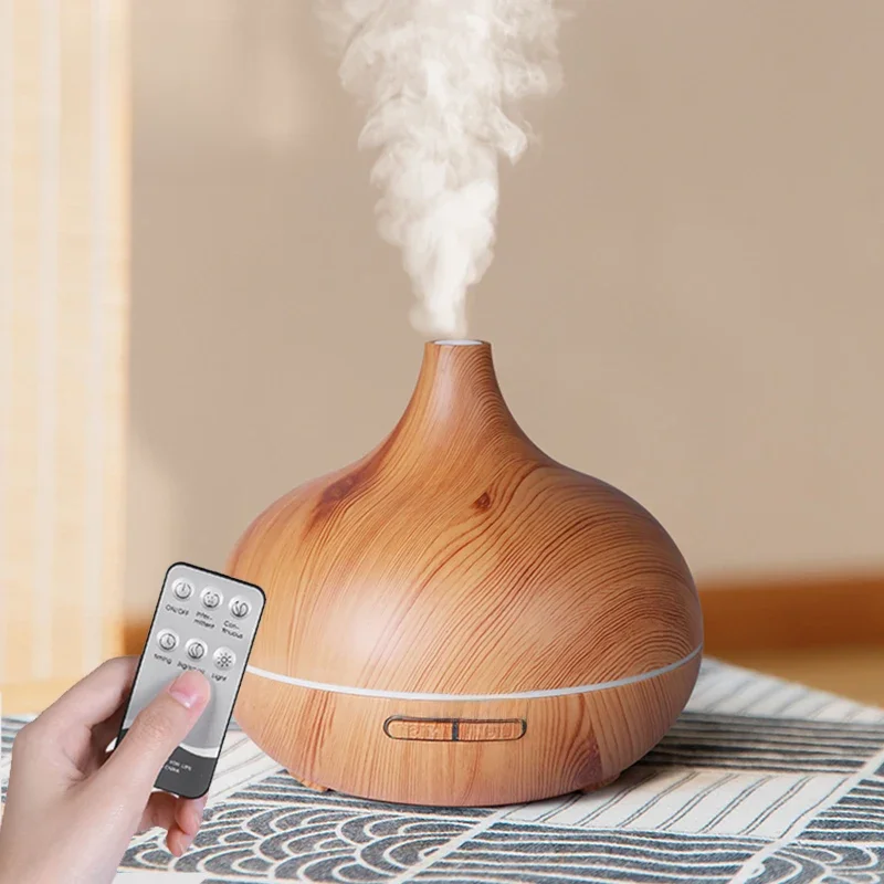 Hoge kwaliteit 500 ml aromatherapie etherische olie diffuser houtnerf afstandsbediening ultrasone luchtbevochtiger met 7 kleuren licht - afbeelding 2
