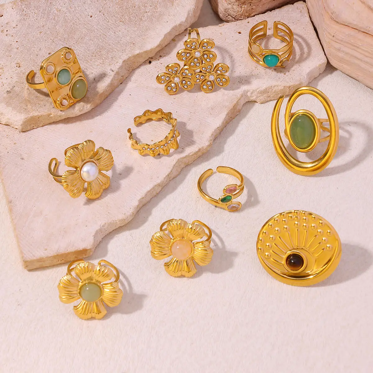 Bagues Vintage en pierre verte ouverte en acier inoxydable pour femmes, couleur or, fleur, Zircon, bijoux esthétiques, cadeau