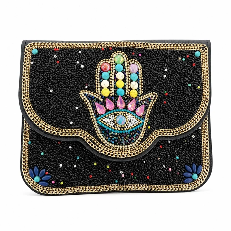 Bohemian vintage hand-beaded Fatima cross-body bag black bead embroidery amulet eye pattern with colored gemstone inlay