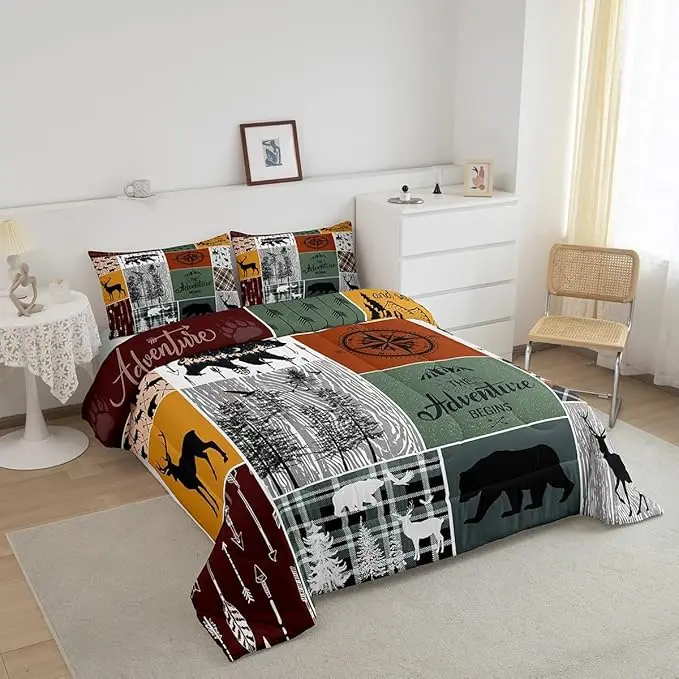 Retro Rustic Lodge Comforter Set - Bear and Deer Themed Bedding with Plaid Check Design, Adventure-Inspired Quilt for Kids, Teen