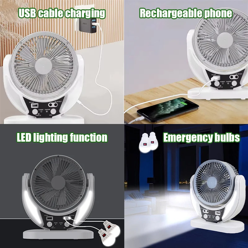 Ventilatore multifunzionale ad energia solare da 2 pezzi, lampadina di emergenza a LED, ricarica USB, funzione di luce notturna, può caricare telefoni cellulari