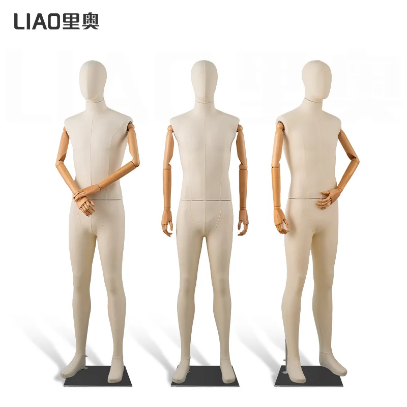 High-grade fiberglass women full-body mannequin wrap cloth men manikin with wooden hand for mall display