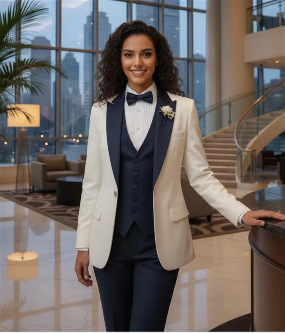 

Женский костюм цвета слоновой кости и темно-синий, состоящий из 3 предметов, на заказ, для торжественных мероприятий и свадеб (пиджак+жилет+брюки)