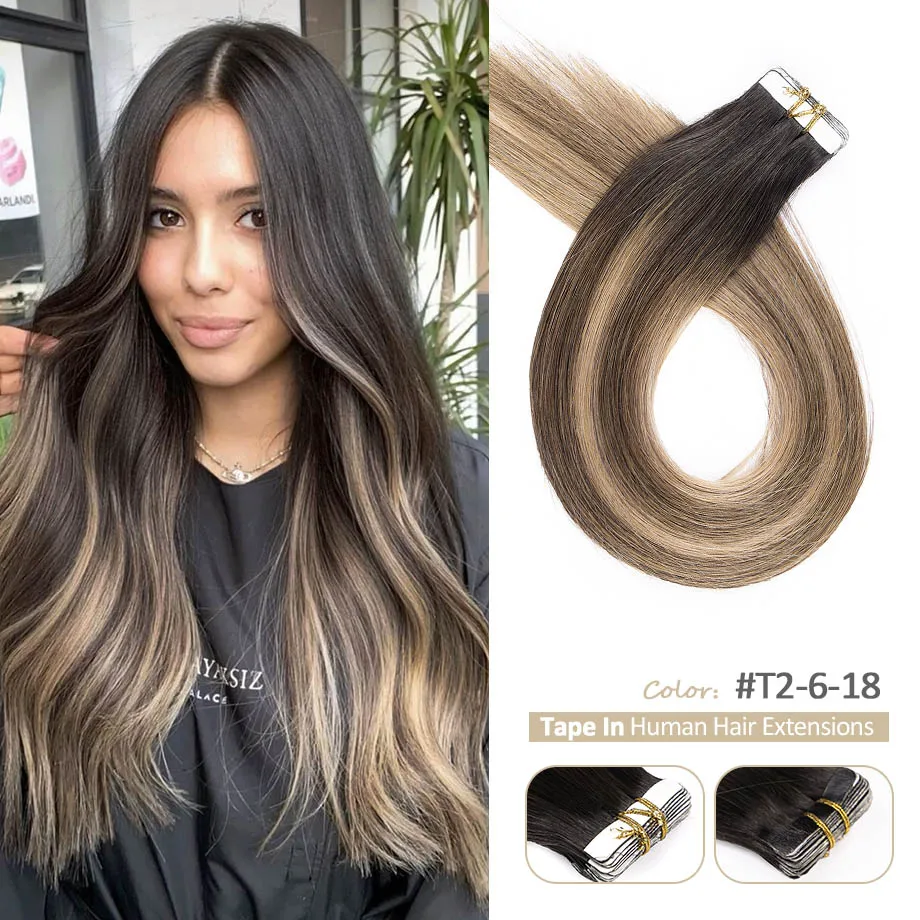 

Tape in Hair Extensions Ombre Color 2/6/18 Brown Blonde Tape in Human Hair Extensions Straight Seamless Hair Extensions 50g 20pc