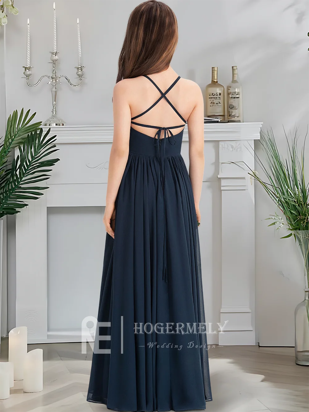 Luxuoso pescoço quadrado júnior vestido de dama de honra meia-noite marinha flor menina vestido até o chão chiffon com arco em cascata casamento