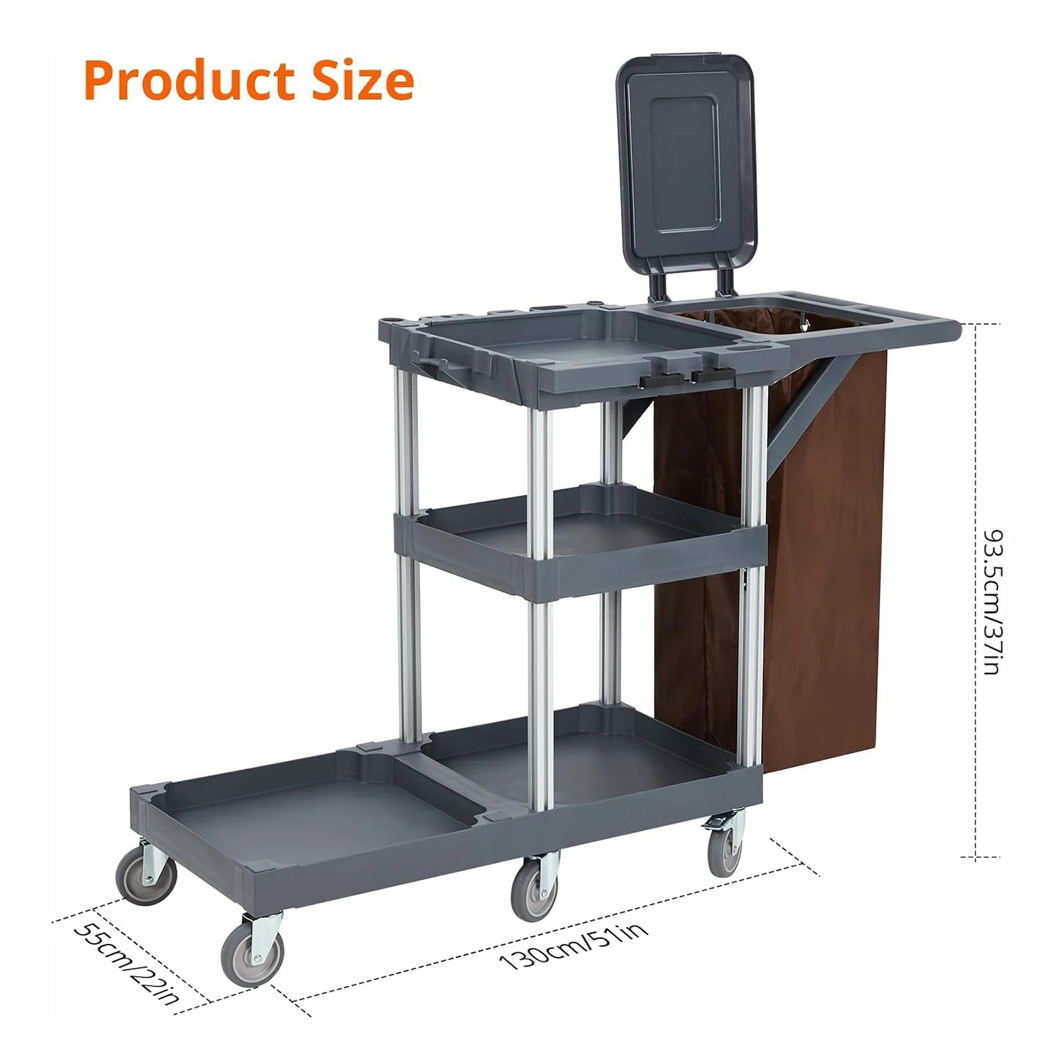 Carro de Limpieza Comercial para Limpieza de Edificios, Carro Utilitario de 3 Estantes con Ruedas, Bolsa de Vinilo, Cubierta y Caddy para Hoteles, Escuelas, Hospitales y Restaurantes