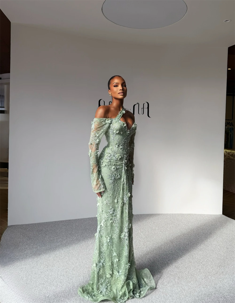 Sansa Customized Sage Green Mermaid 3D Flower Pleats Prom Dress Long Sleeve Vestidos De Noche Floor-Length Formal Evening 2025 image 4