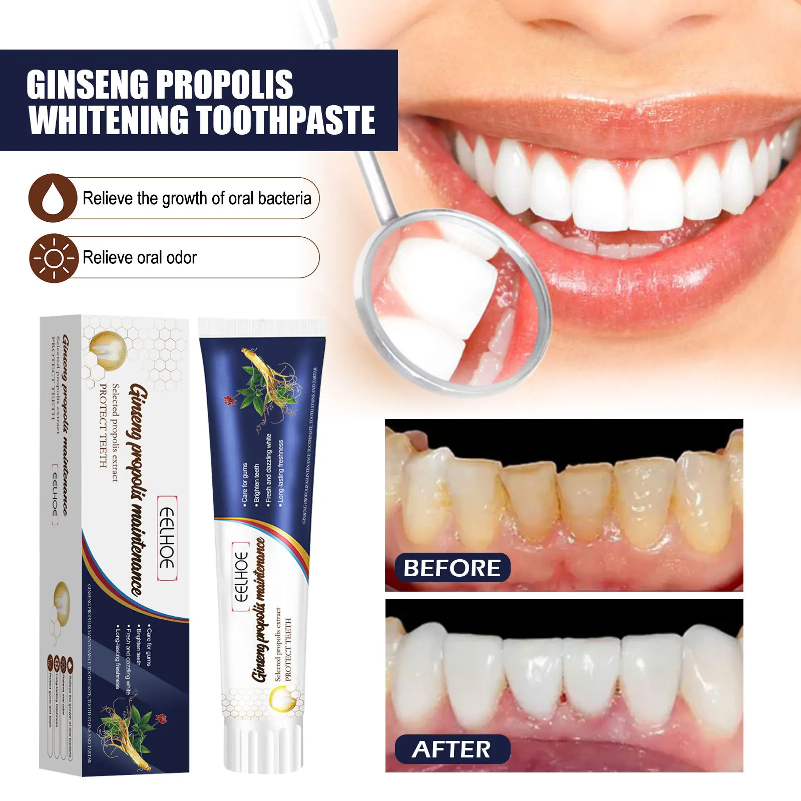 Eelhoe 100g Ginseng Propolis Whitening Toothpaste Yellow Tartar Removal Dental Gum Health Repair Bad Breath Cleaning Toothpaste