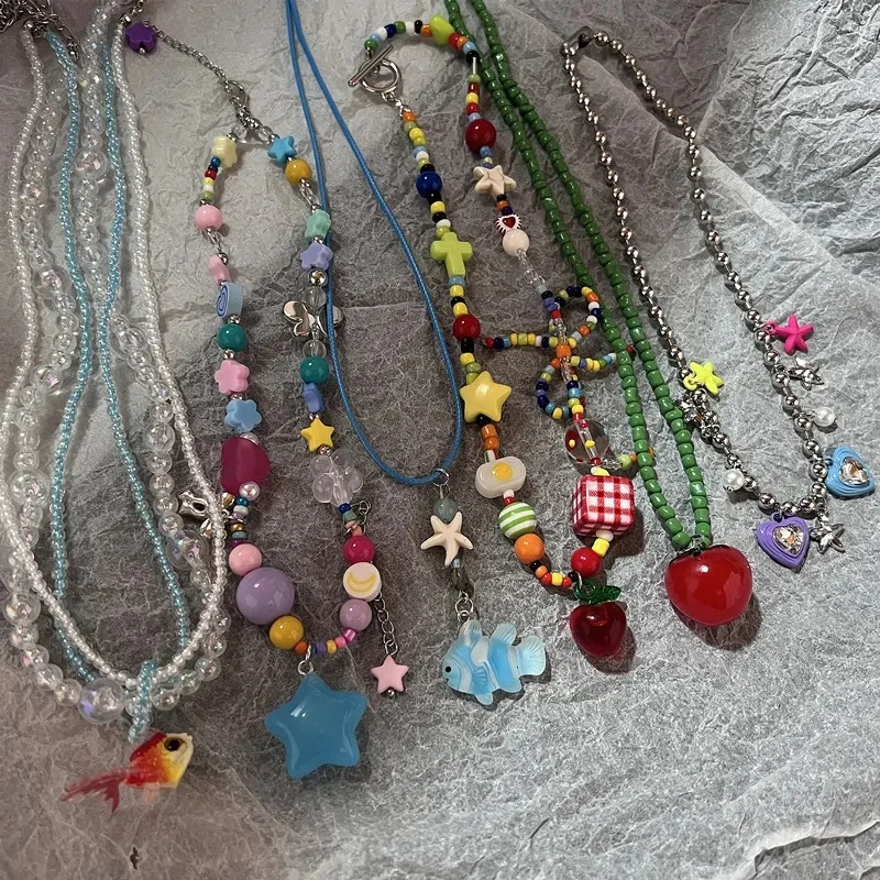 Boho Kpop kolorowy cukrowy gwiazda wisiorek z frędzlami Choker naszyjnik dla kobiet słodka miłość łańcuszek w kształcie serca estetyczne Y2K biżuteria akcesoria — zdjęcie 2