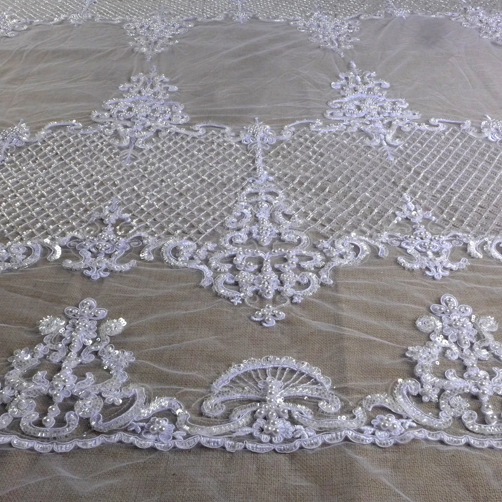 HelluyerDC Pure white&ivory beading lace fabric,125cm width lace for fashion,wedding,evening,dance gown by the yard