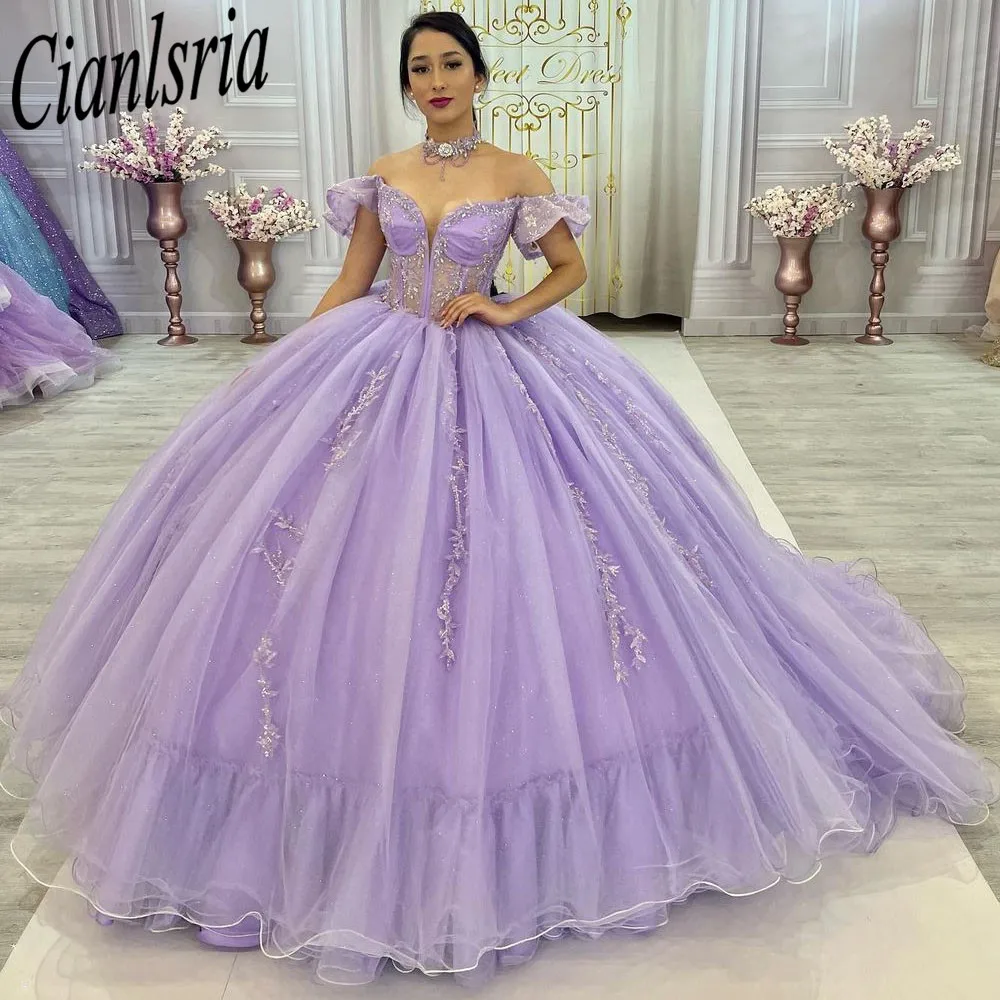 Lilac quinceanera vestidos de baile inchado tule rendas apliques miçangas 2022 novo doce 16 vestidos festa baile vestidos