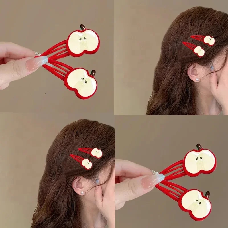 Pince à cheveux pomme mignonne, 2 pièces, pince à bec de canard étoile, épingle à cheveux pour fille douce, frange, Clip latéral, couvre-chef pour femme, Barrette, accessoires pour cheveux