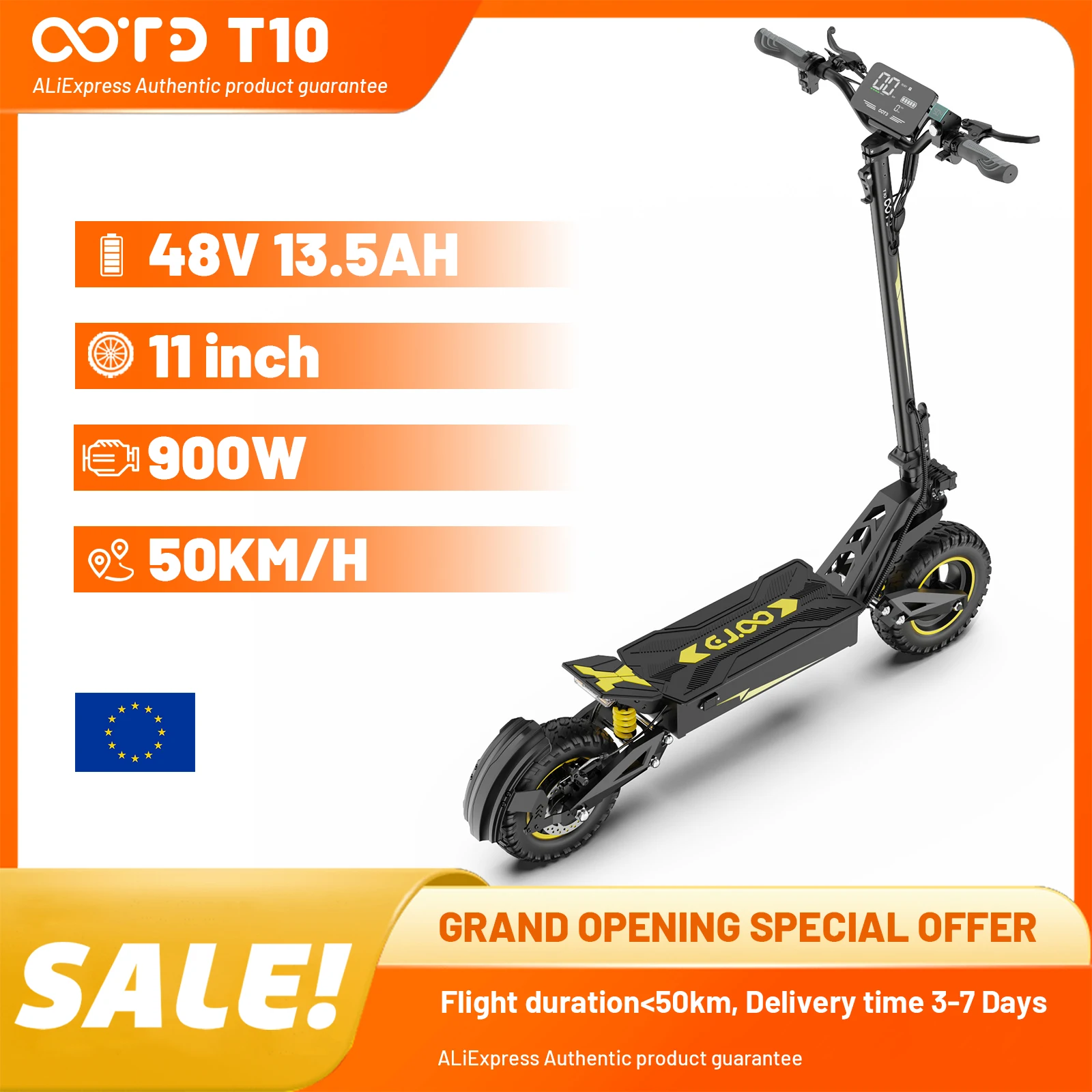 Scooter Eléctrico Plegable para Adultos OOTD T10 Todoterreno de 11 Pulgadas, Motor de 900W Máx. y Batería de 13.5Ah, Alcance de 45-60 km