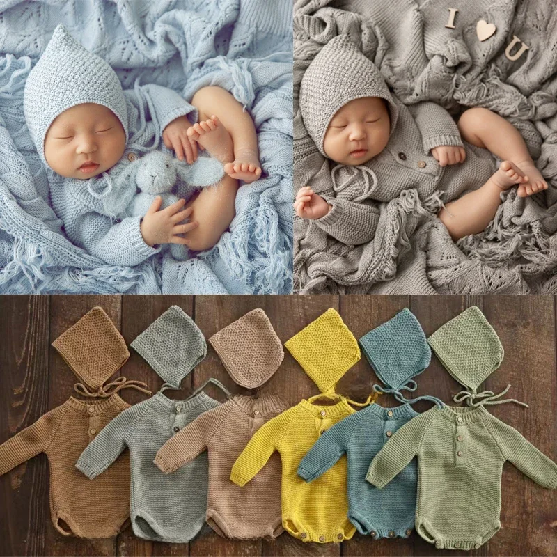 Newborn Photography Clothing Knitted Baby Costume Infant Hat Long Sleeve Romper 2Pcs/Set Studio Baby Photo Props Accessories — zdjęcie 2