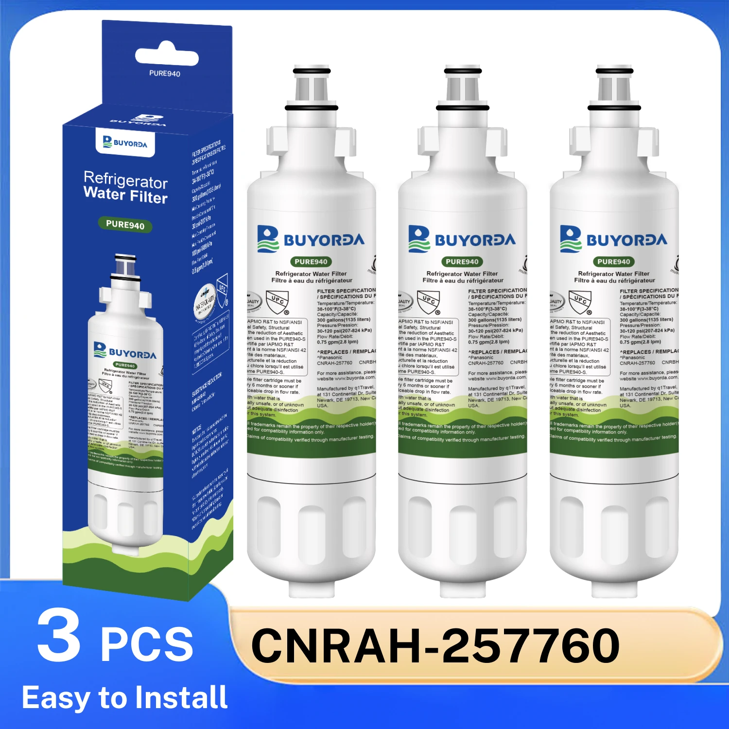 

Сменный фильтр для воды для холодильника CNRAH-257760 CNRBH-125950 - для Panasonic, угольный блок Pure Carbon, контроль вкуса и запаха, быстрая замена, 3 штуки в упаковке