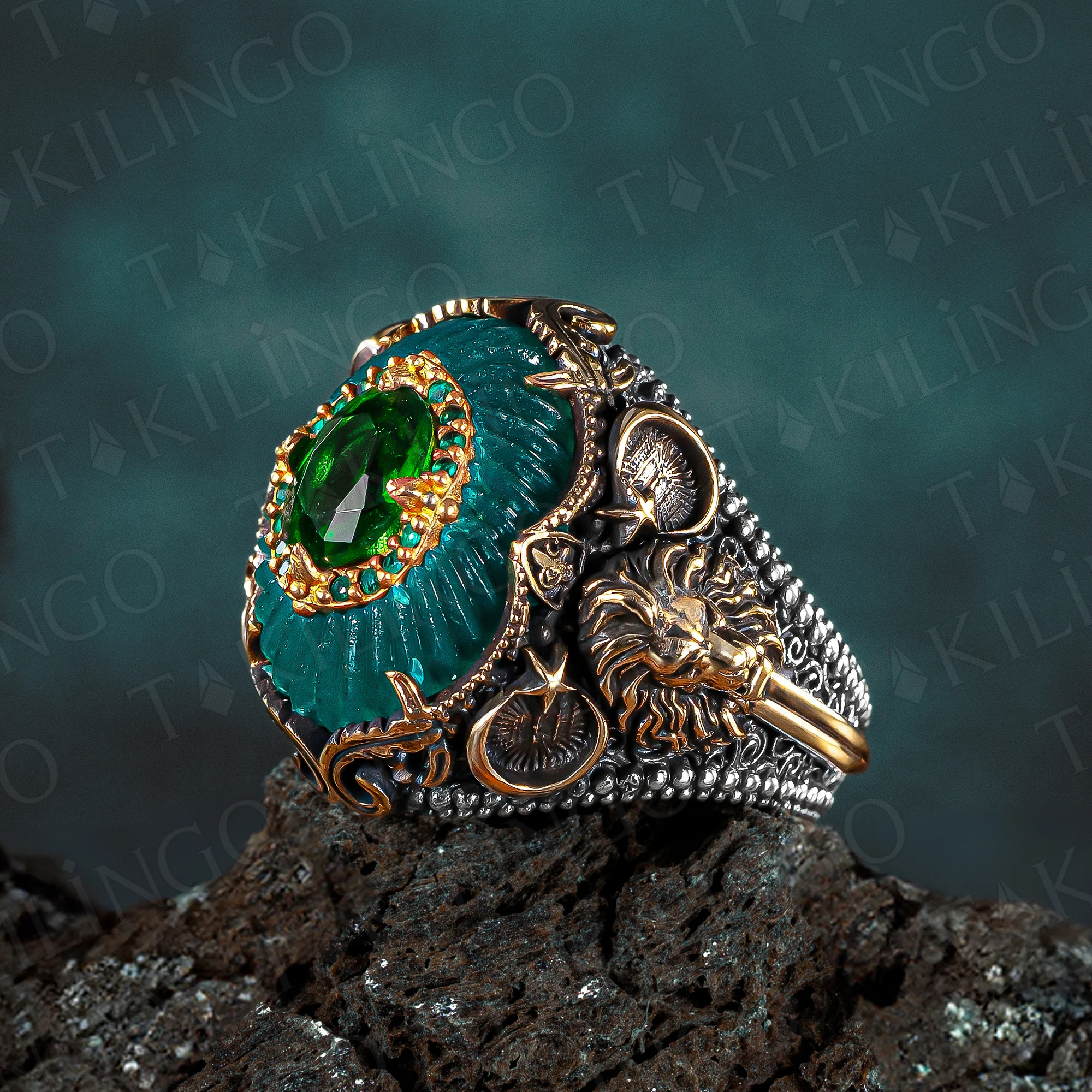 Solid 925 Sterling Silver Lion Head Sword Motif Green Zircon Stone Men\'s Ring Black Amber Cubic Zircon Stone