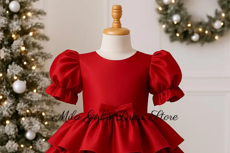 Short Sleeve Red Flower Girl Dresses Satin Tiered Wedding Christmas Puffy Sleeves Elegant Infant Toddler Junior Holiday Dress