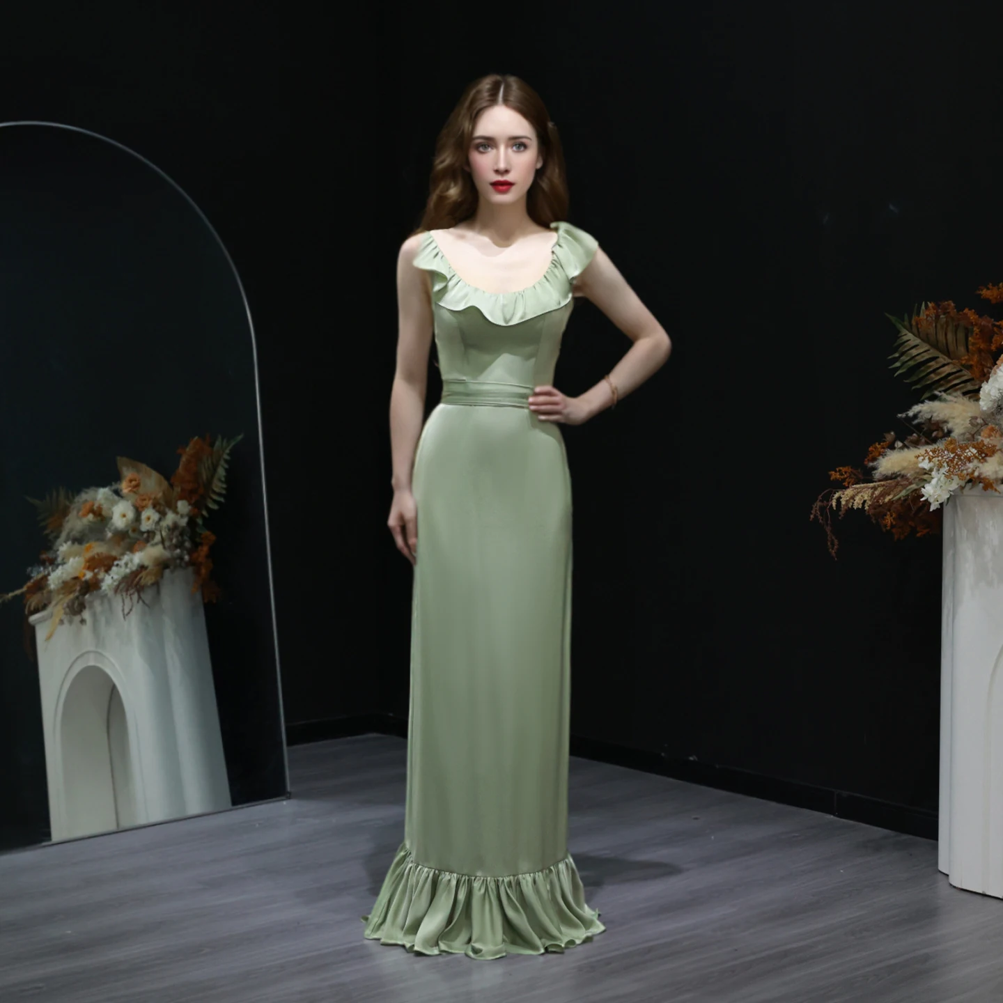 Sharon disse 2025 elegante cetim verde recortado babados vestido de dama de honra bainha simples vestidos de convidados de casamento feminino bs020 personalizado
