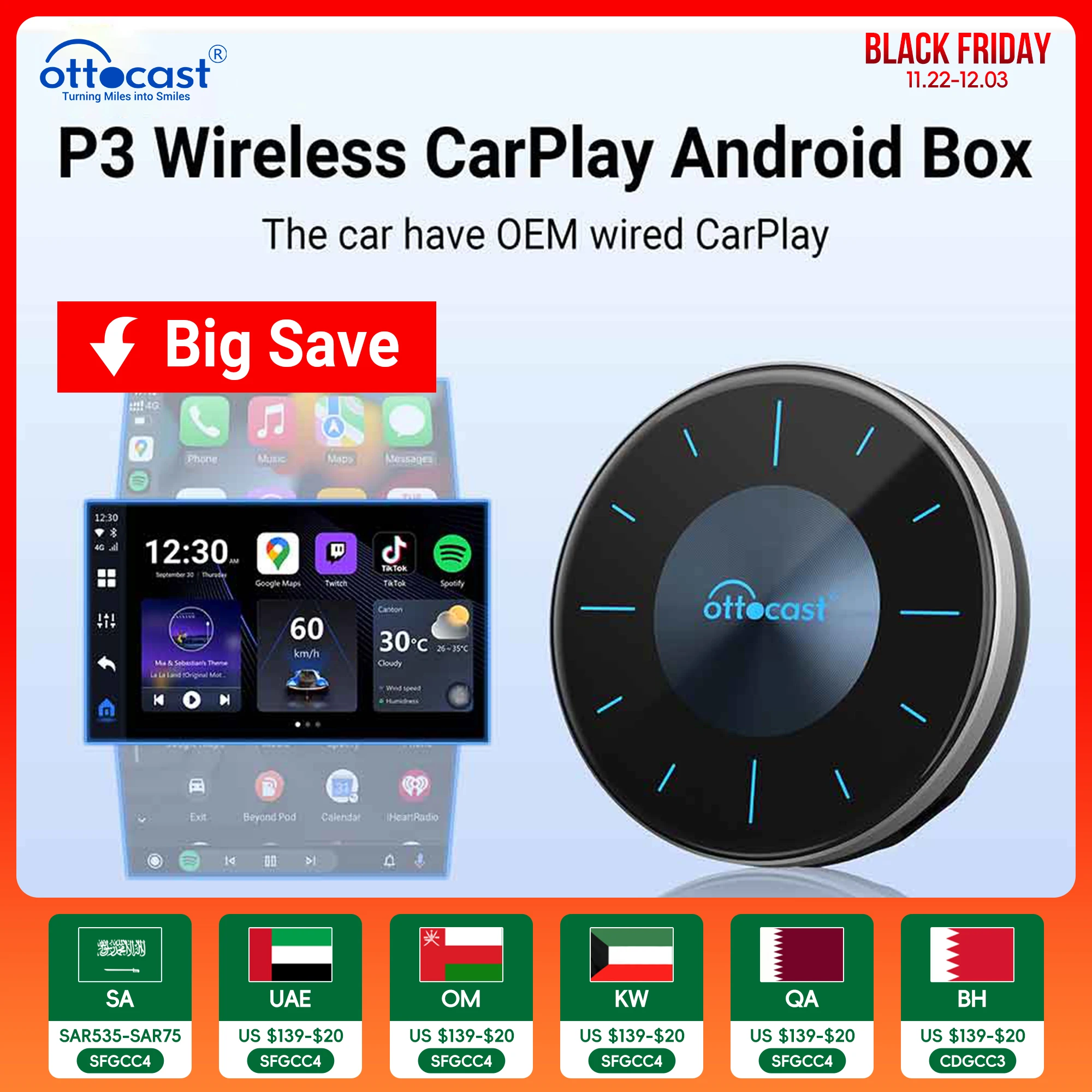 OTTOCAST P3 OttoAibox CarPlay AI Box Wireless Android Auto Smart TV Box Accessori auto per Benz Audi Kia Hyundai VW Toyota 2024