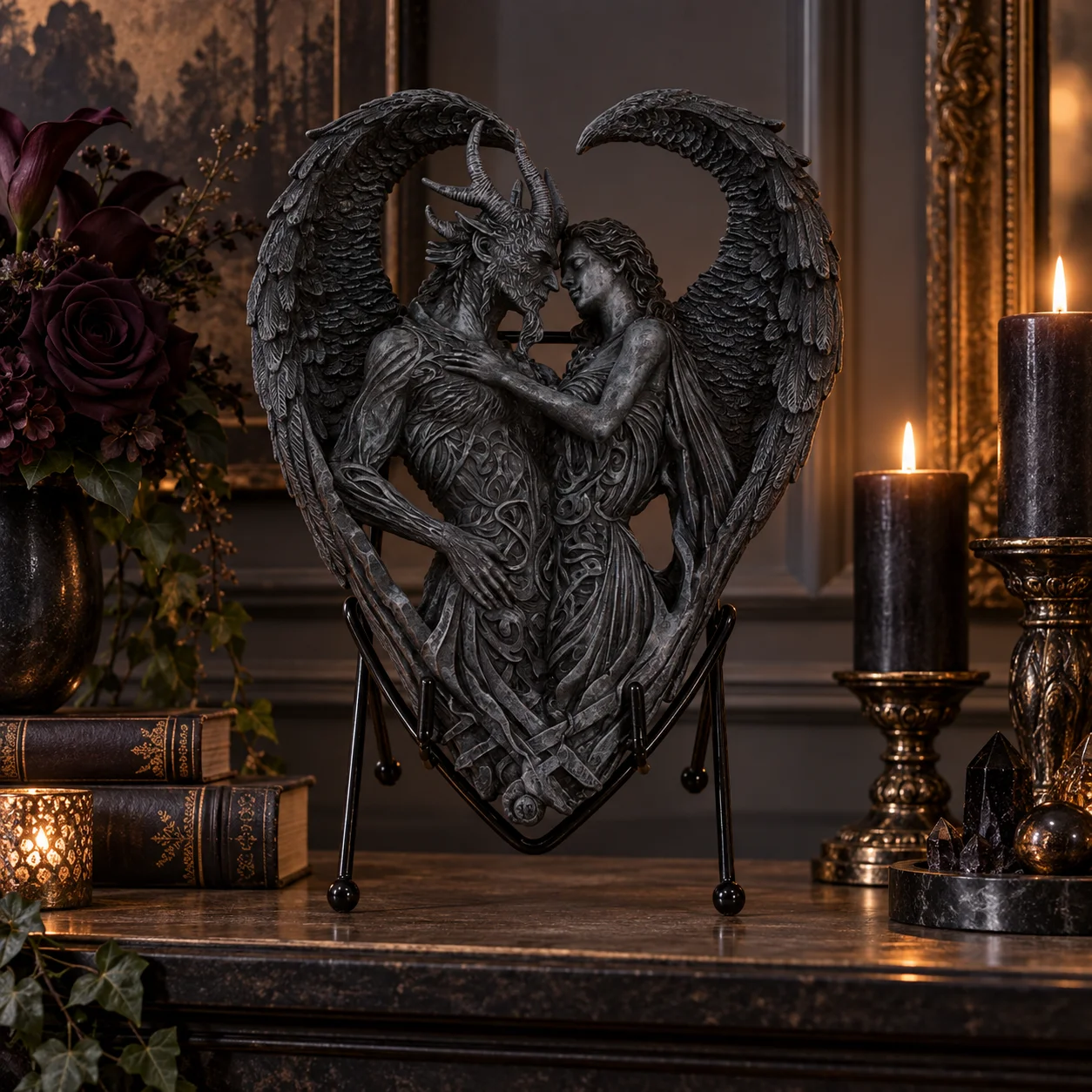 Gothic Angel Demon Heart Plaque with Stand, Dark Fantasy Couple Figurine, Romantic Skull Artwork Decor, Collectible Home Display Ornament Gift
