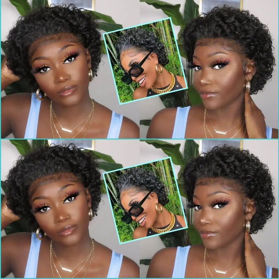Pelucas de encaje frontal transparente para mujeres negras, cabello humano rizado corto, corte Pixie, 6 pulgadas, cabello virgen brasileño