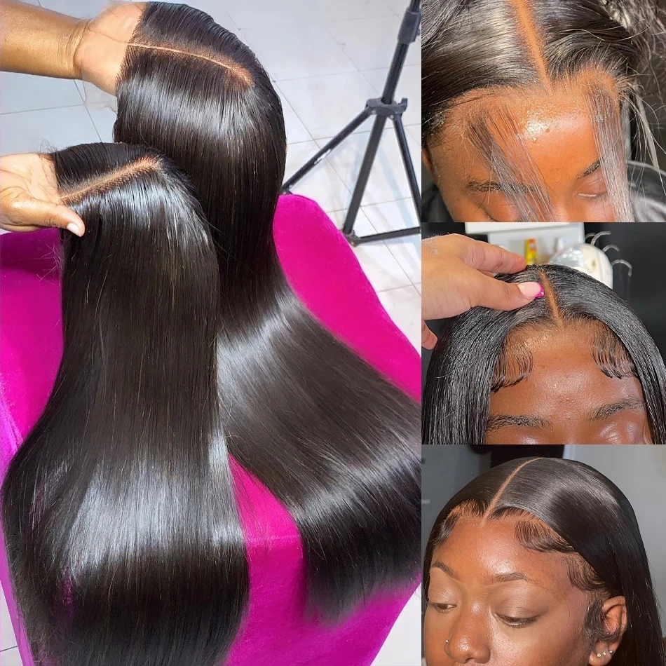 38 40 Polegada 4x4 fechamento reto do laço perucas de cabelo humano 5x5 perucas de renda transparente remy brasileiro para preto pré-arrancado