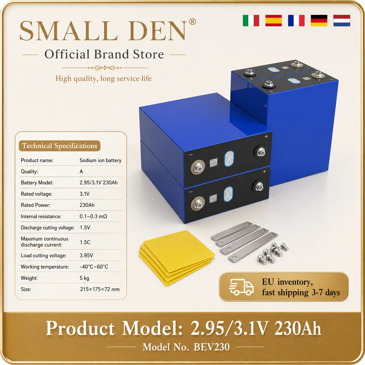 Batterie à ions sodium SMALL DEN 230Ah 3.1V, cellule de qualité A, 6000 cycles, longue durée de vie, stockage d'énergie, stock UE, alimentation de secours solaire pour la maison