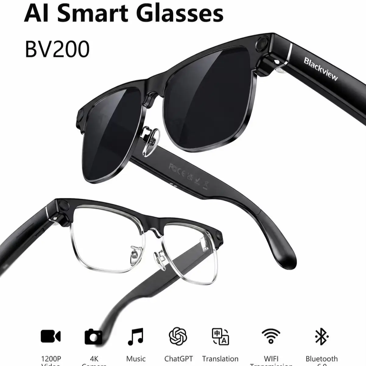 Blackview BV200 4K 8MP AI Smart-Brille Videoaufnahme Farbwechsel-Sonnenbrille 130+ Sprachübersetzungen Herren Freizeitbrille