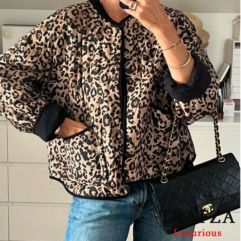 TRAFZA Casual Leopard Print Oversized Jackets Women Long Sleeve O Neck Buttons Coats Fashion 2024 Autumn Winter Female Outwears