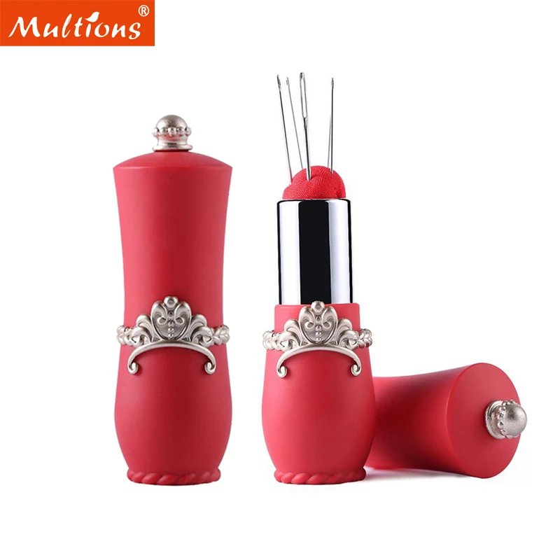 1pc Lipstick Pin Cushion with 5 Needles Portable Pincushions Safety Sewing Pins Holder DIY Craft Sewing Accessories Kit