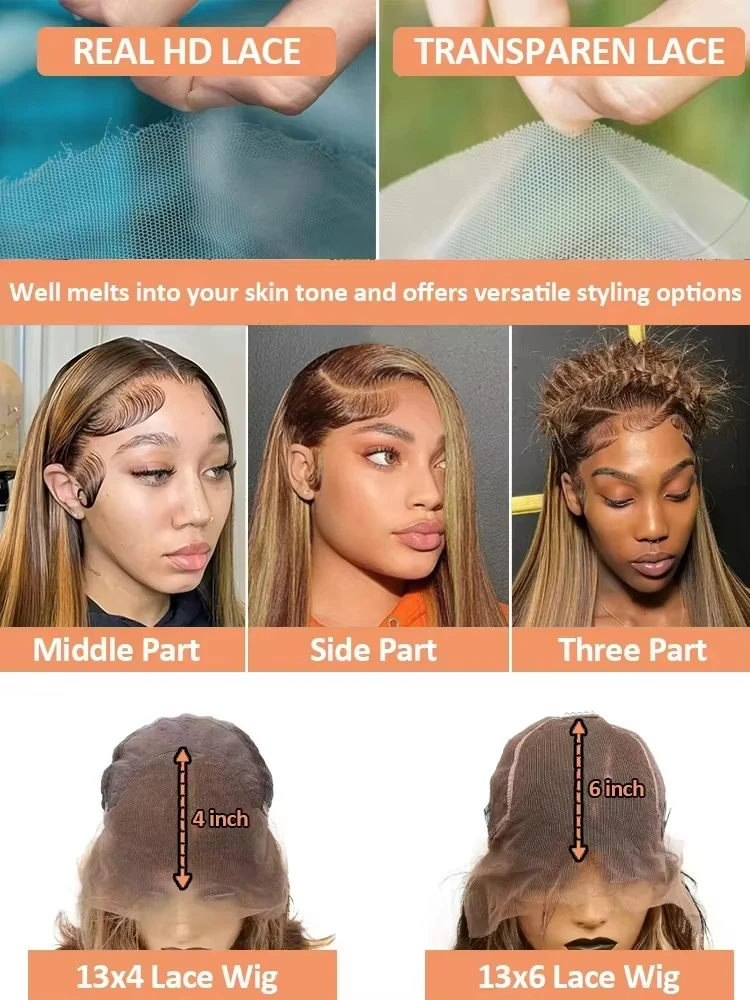 30 40 بوصة 4/27 أومبير براون تسليط الضوء على 13x6 HD الدانتيل الجبهة باروكة من شعر طبيعي عالية الكثافة العظام مستقيم الملونة الدانتيل شعر مستعار أمامي #6