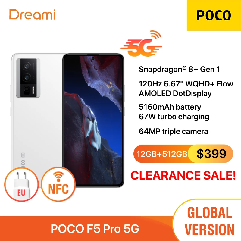 نسخة عالمية من سنابدراجون POCO F5 PRO 5G بشريحتين®منصة متنقلة 8 + Gen 1 | 6.67 "WQHD + Flow AMOLED DotDisplay | 120Hz