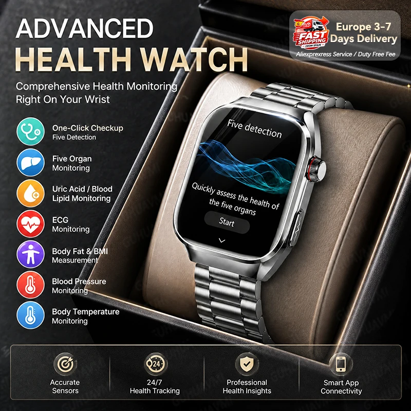 2026 Nuovo Smartwatch per l'analisi del grasso corporeo, ECG, salute, acido urico, pressione sanguigna, ossigeno nel sangue, chiamate Bluetooth, smartwatch per uomo e donna