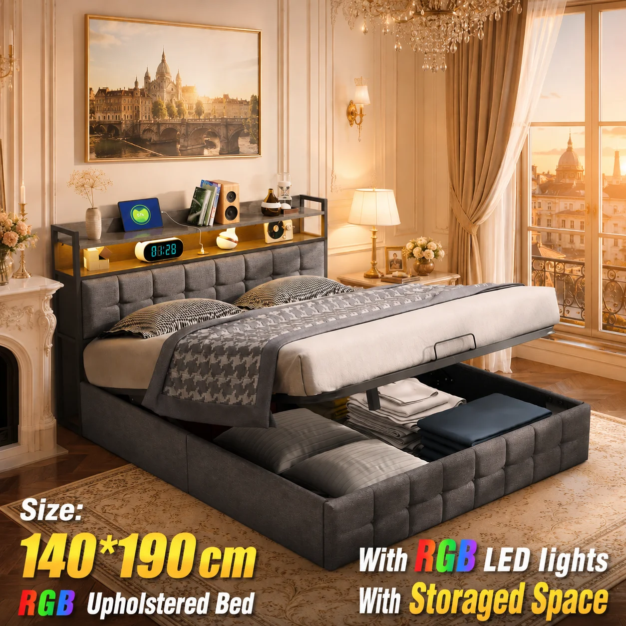 Cama Tapizada de 140x190 cm, Camas Dobles Tapizadas con Almacenamiento y Base de Láminas, Cama con Almacenamiento y LED, Cama con Cabecero Hidráulico con Almacenamiento para Dos Personas con Compartimento de Almacenami