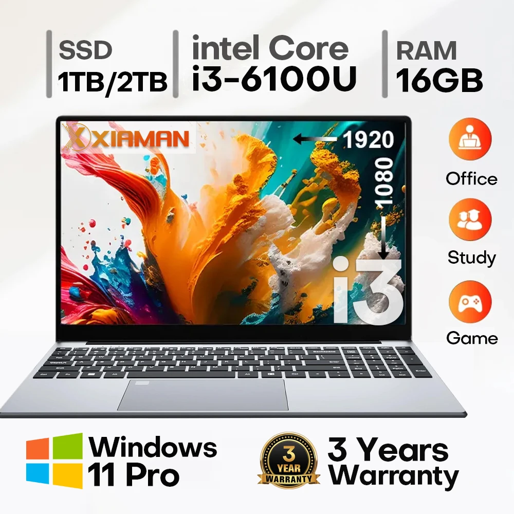 Ordinateur portable Xiaman 15,6 pouces Intel Core I3 6100U, Windows 11 Pro, 16 Go de RAM, 512 Go + 1 To SSD, ordinateur portable portable pour le bureau et les études