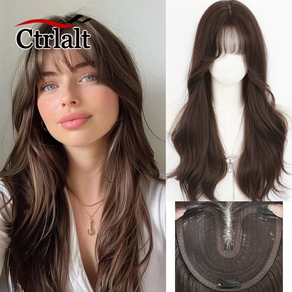 

Synthetic Long Wavy Hair Topper With Bangs Hairpiece Clip In Hair Extensions For Women Increase Hair Volume Cover White Hair