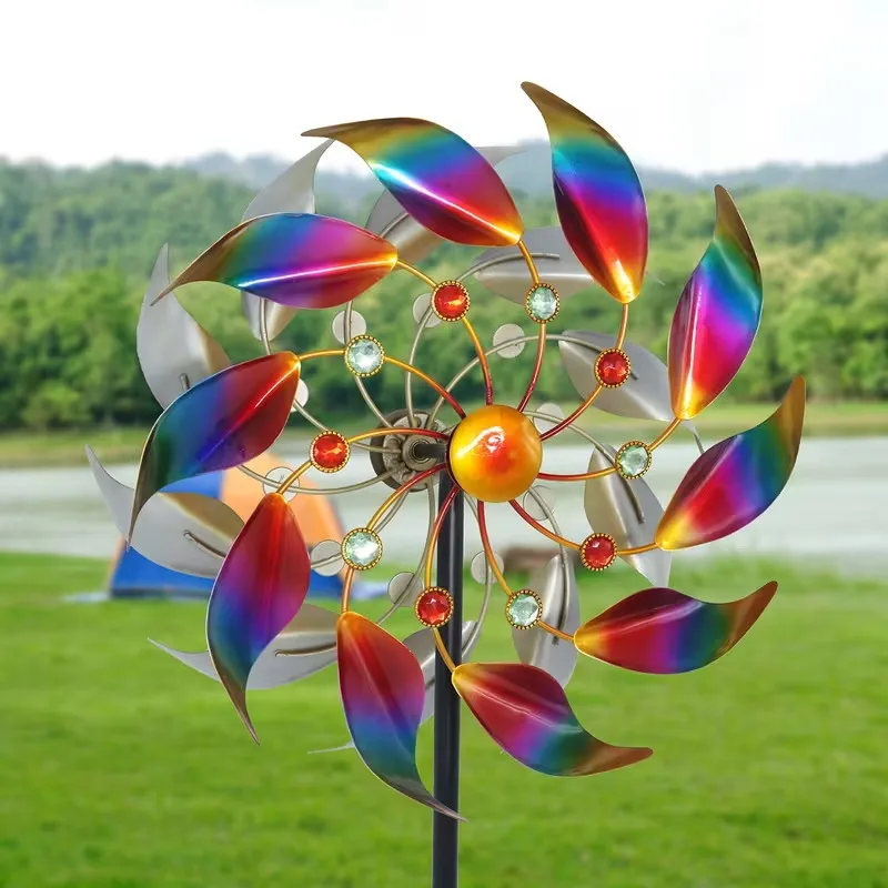 Outdoor Double-Layer Iridescent Metal Wind Spinner with Ground Stake, for Decorating Gardens, Yards, and Lawns, Windmill; Gift.