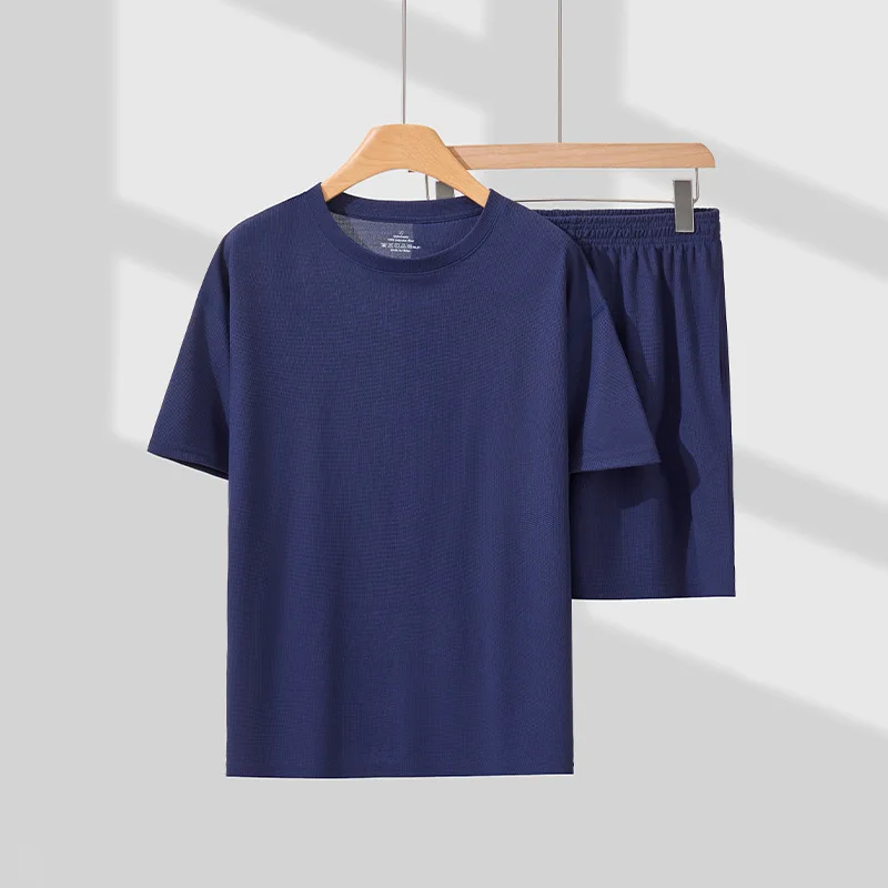 Waffle pajamas - Summer lightweight set of casual loose-fitting short-sleeved shorts and pants for men, suitable for home wear.