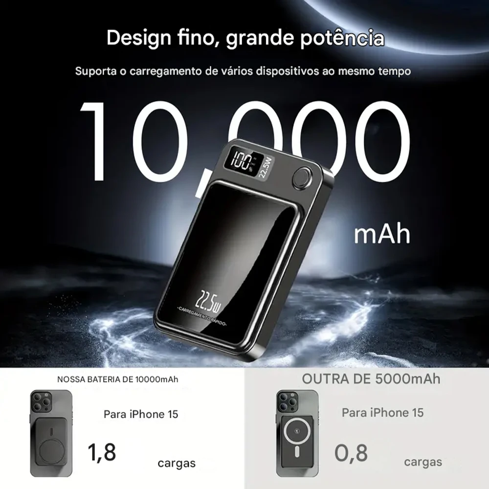 Carregador Portátil com Base Magnética 10000mAh e Display Digital, Indução Sem Fio para Celular