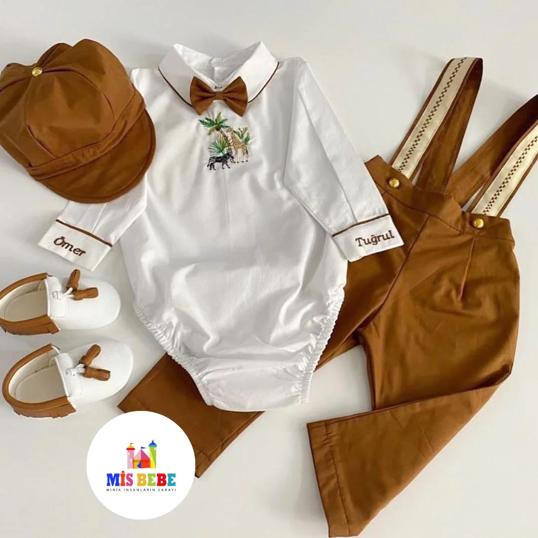 Baby Boy Outfit Set - Personalized White Bodysuit, Brown Pants, Hat, Shoes & Bow Tie - Custom Name Embroidery