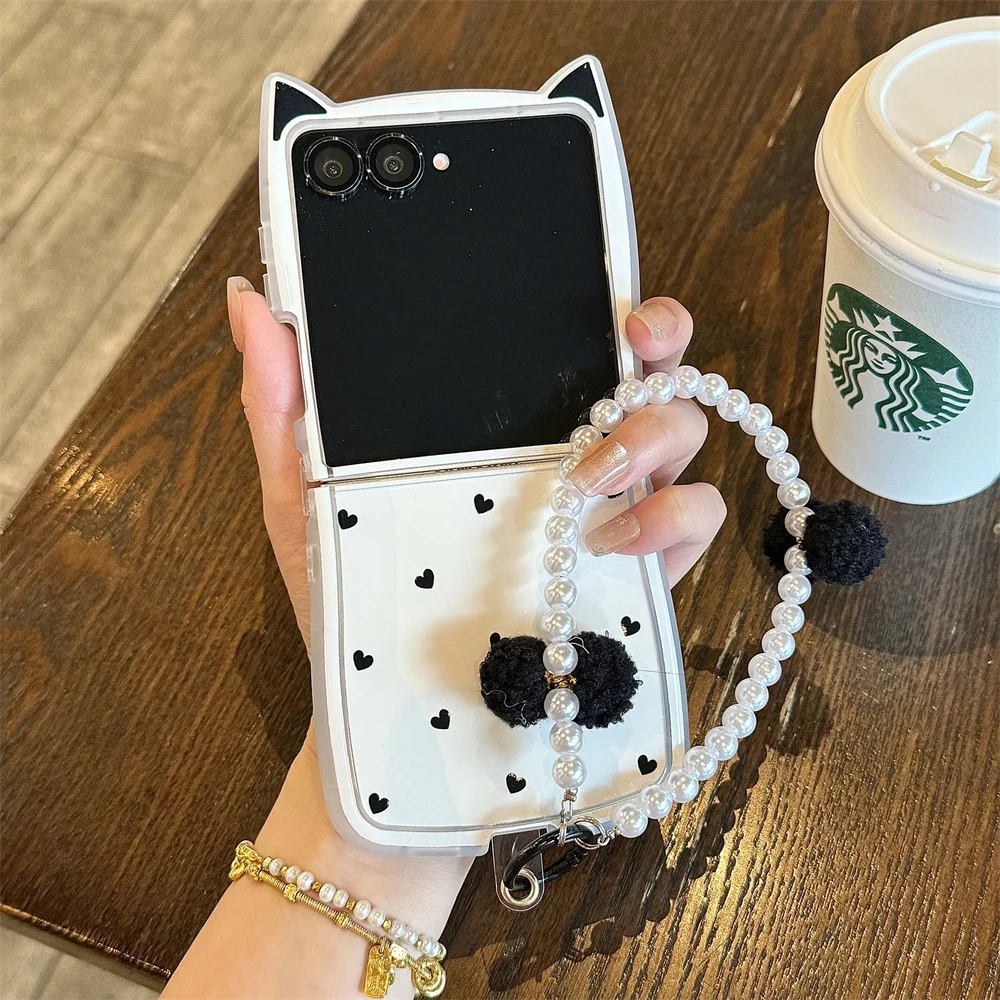 Ins simples bolinhas amor gato orelha caso de telefone para samsung galaxy z flip 7 flip6 5 flip4 3 5g capa com corrente pérola proteção ca