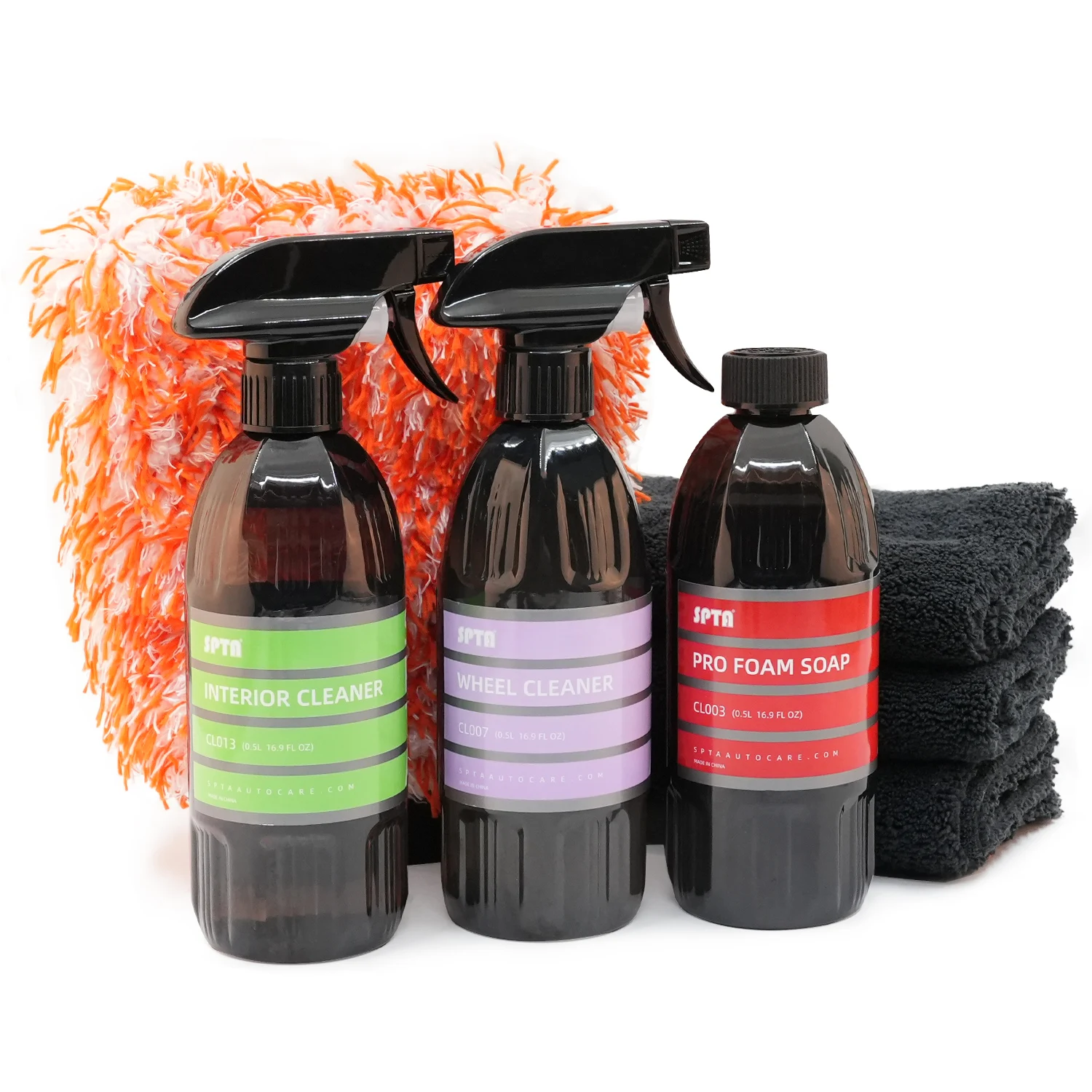 SPTA 7Pcs Car Cleaning Kit with Pro Foam Soap, Interior Cleaner, Wheel Cleaner, Microfiber Wash Mitt and 16' X 16' Microfiber Towels