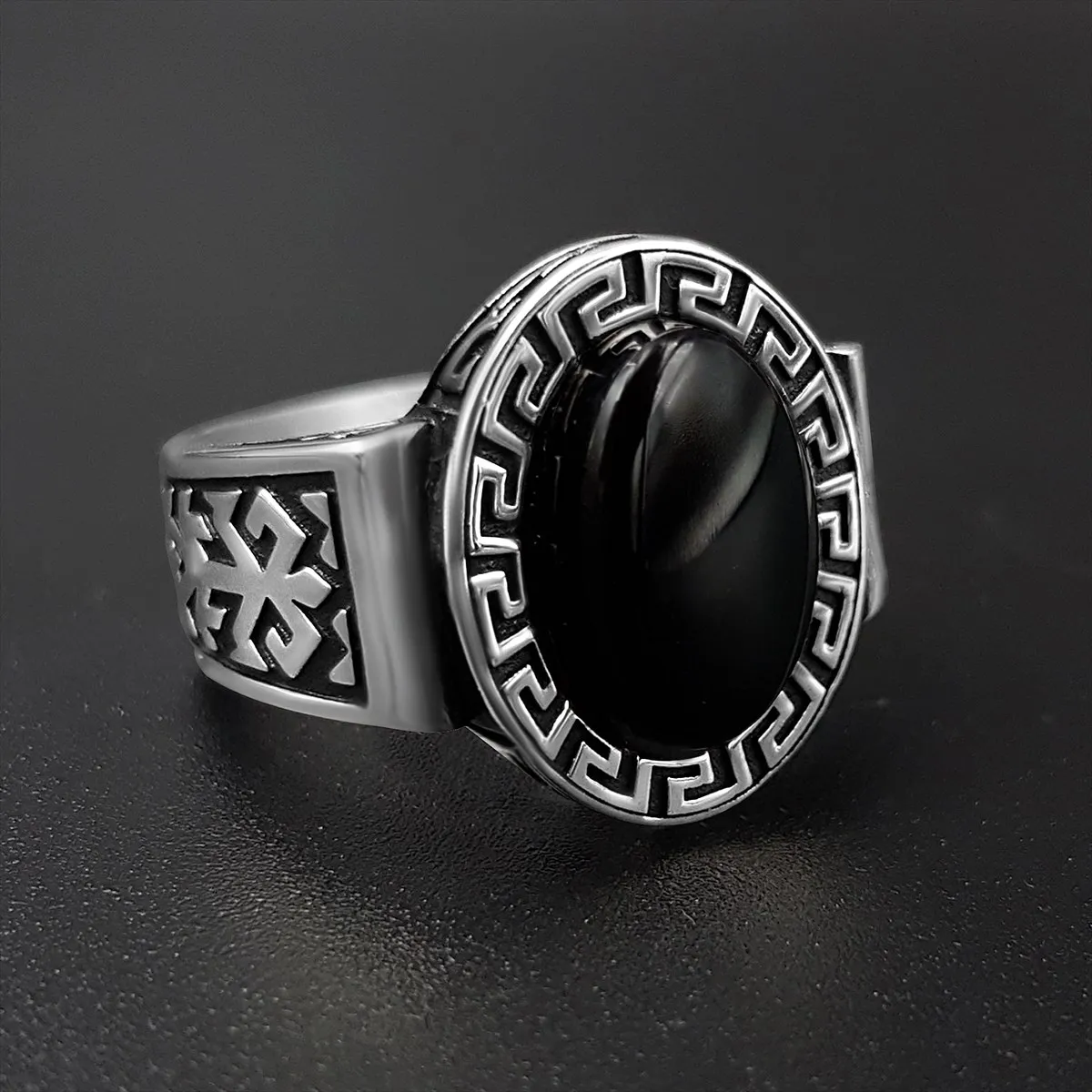 Elegant Solid 925 Sterling Silver Greek Design Oval Onyx Stone Motif Men's Ring Punk Chic Accessory Handmade Jewelry Gift