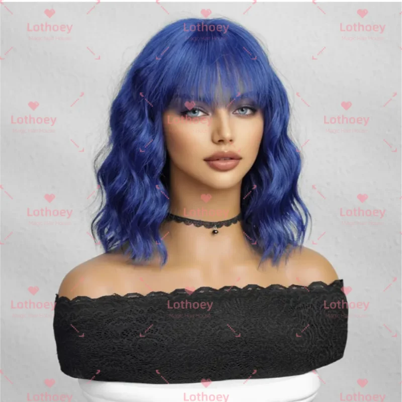 Peluca ondulada con flequillo azul, brillo natural, cómoda, transpirable, ligera, animada, cosplay, festival de música, peluca de cabello humano