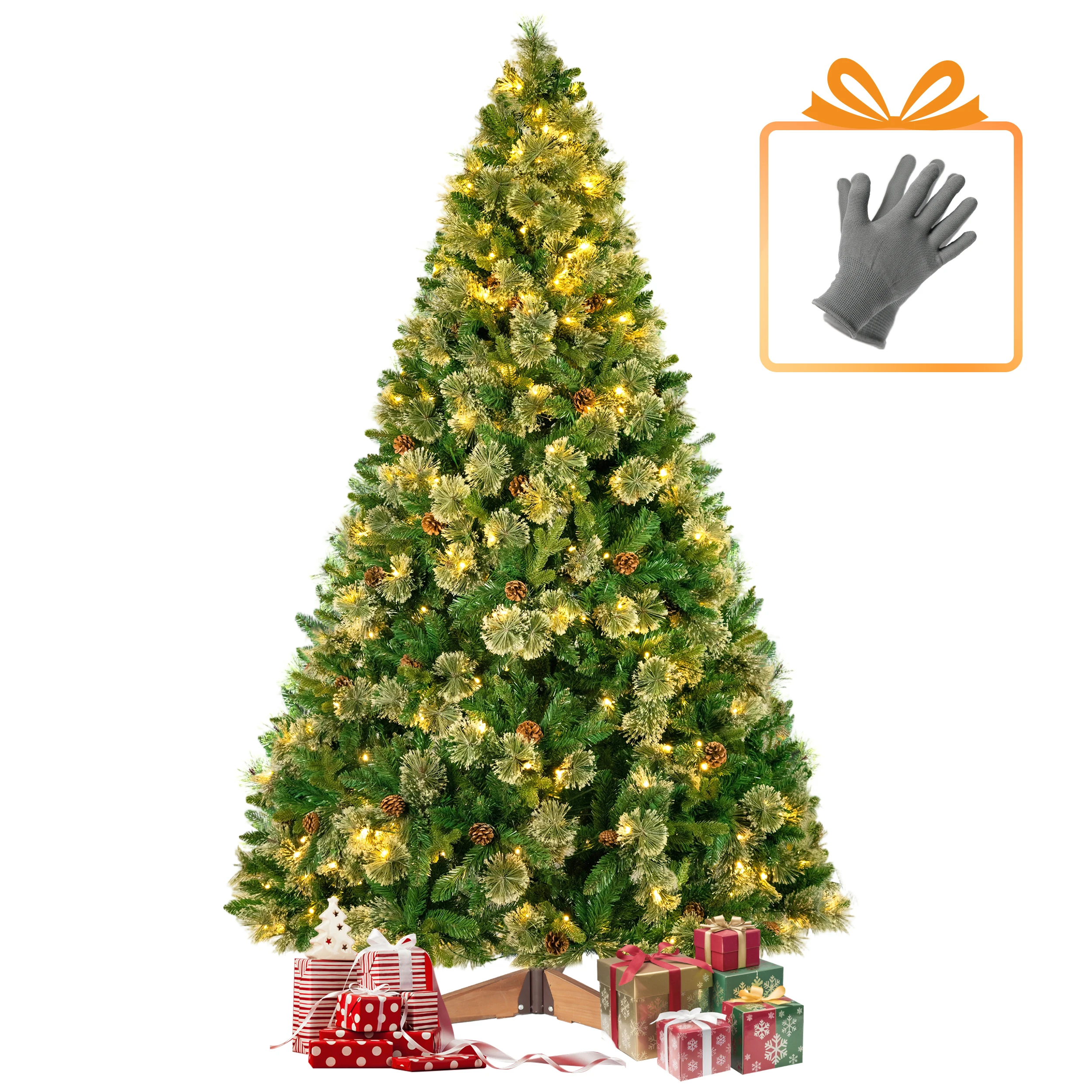 Arbre de noël artificiel 180/210/235CM PVC + PE, pointes 1080/1400/1790, lumières LED 210/310/410, support en bois, décoration de fête intérieure