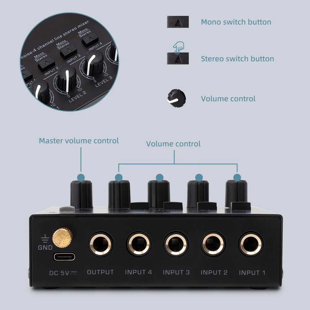 Mini Stereo Mixer MAX400 Ultralow Ruído 4 Canais Misturadores Console DC5V Com Adaptador De Alimentação para Guitarra Elétrica Tambor Piano