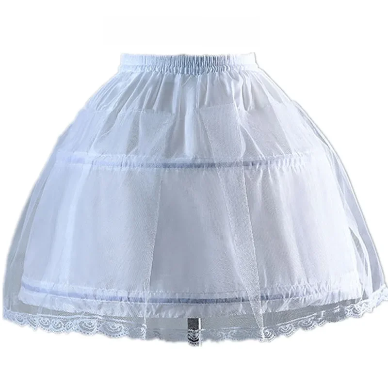 Children Girls 2 Steel Hoops White Petticoat Wedding Gown Dress Underskirt Elastic Waistband Drawstring A-Line Skirt