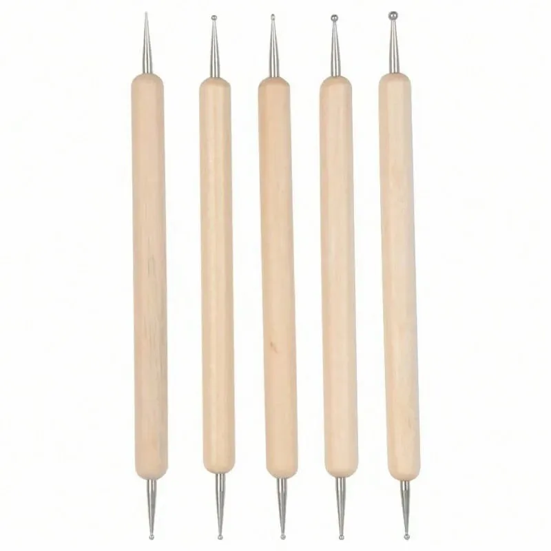 Dual-End Wooden Dotting Pen Marbleizing Tool Set for Nail Design Manicure Painting Kit 5pcs